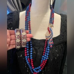 J. Crew Red and Blue Beaded Necklace with Peacock Pendant with bangles